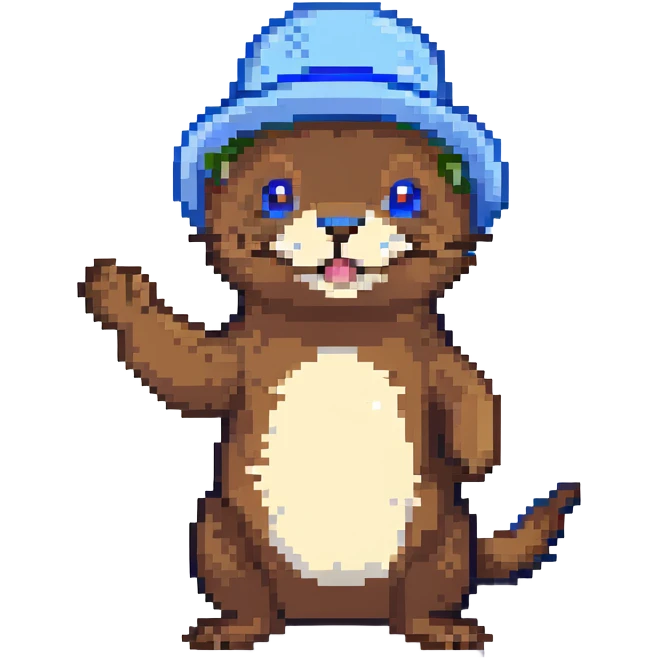 An otter with a blue hat on waving hi emoji