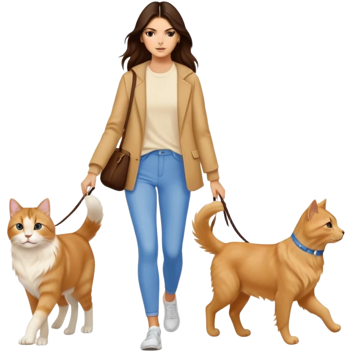 Kendall Jenner with long brown hair walking a golden retriever dog and three cats, two cream colored cats and one white and blue cat emoji