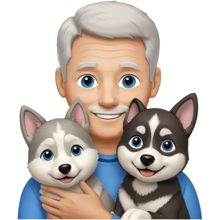 A 60 year old man with blue eyes and short light gray hair and no mustache and slightly big ears, holding a single black and white husky dog with floppy ears and white tuft eyebrows, both smiling emoji