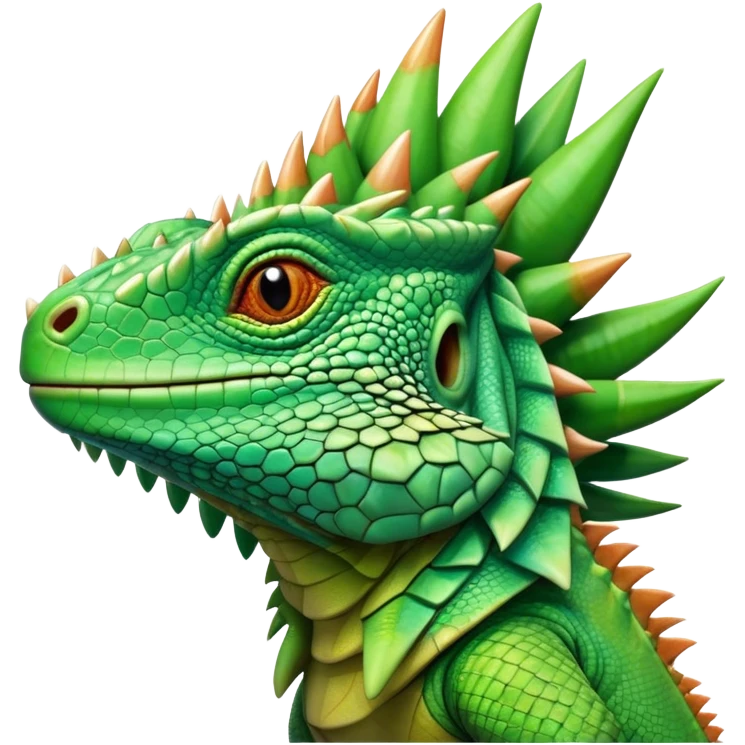 Cinematic Noble Iguana Portrait Emoji, Poised and majestic, with a robust, muscular build and a vibrant, scaly body accented by a prominent spiky crest and keen, observant eyes, Simplified yet sharp and sophisticated features, highly detailed, glowing with a soft, jungle radiance, high shine, intelligent and formidable, stylized with an air of ancient reptilian authority, focused and commanding, soft glowing outline, capturing the essence of a watchful guardian that appears ready to stride out of the screen with effortless might! emoji