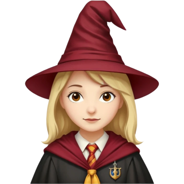 A young woman wearing a classic witch’s hat, red tie, and wizarding robes. This outfit suggests she's a student from Gryffindor House (from the Harry Potter universe), as the red tie is a signature detail of that house's uniform. emoji