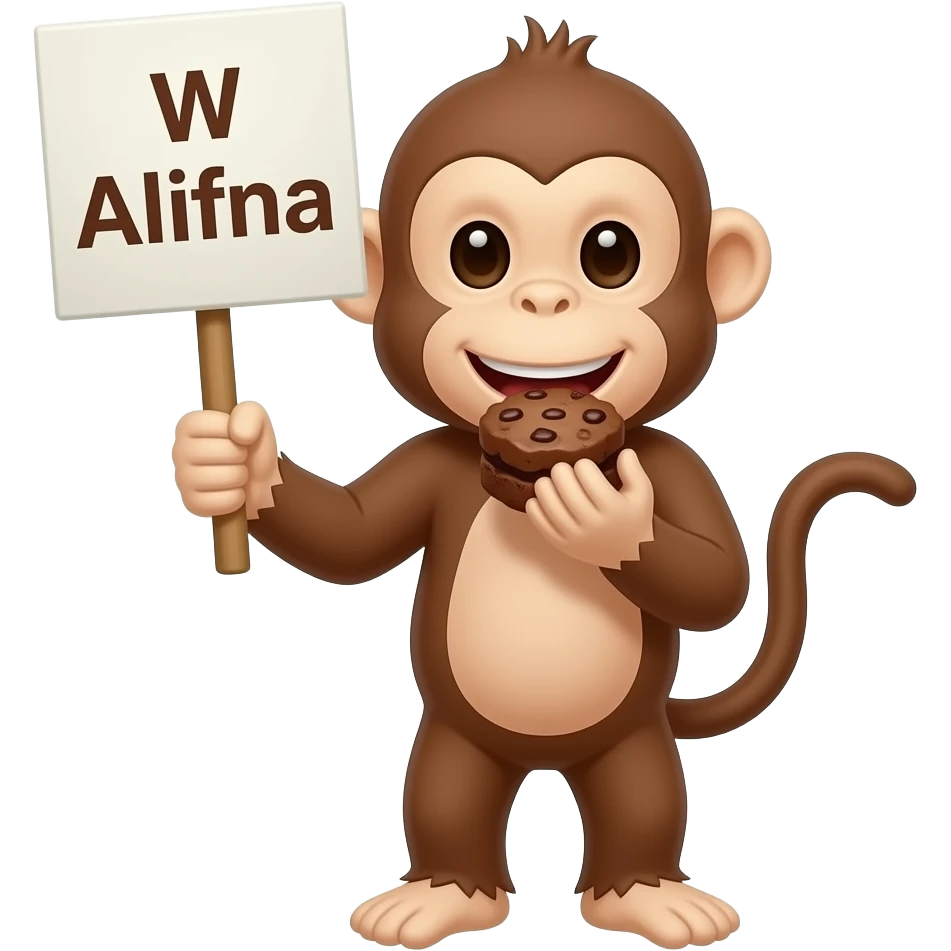 make a monkey with a sign, "W Alifna" eating a chocolate brownie emoji