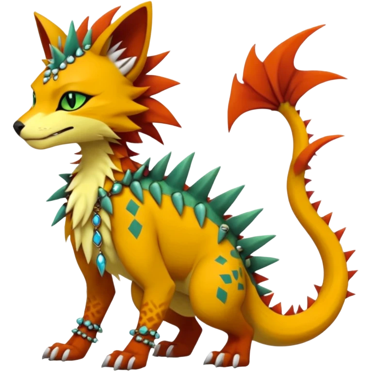 Kawaii cute reddish orangish yellowish greenish exotic tribal beautiful pretty elegant divine edgy feline-vernid-sergal-Fakémon-Pokémon-Digimon-fursona-animal-creature with accessories, jewelries, full body, with intricate detailed markings, spikes, furs, fins, scales, spiny emoji