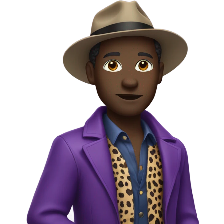 black man with a fedora, cane, and purple cheetah jacket  emoji