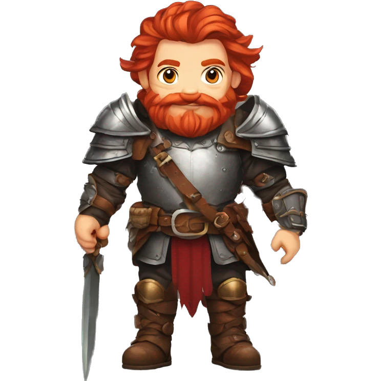 text for a sticker picture generator with a red-haired dwarf in his hands who has a bow with a braided mustache, dressed in leather armor, with a red beard, with red hair, in a fantasy style emoji