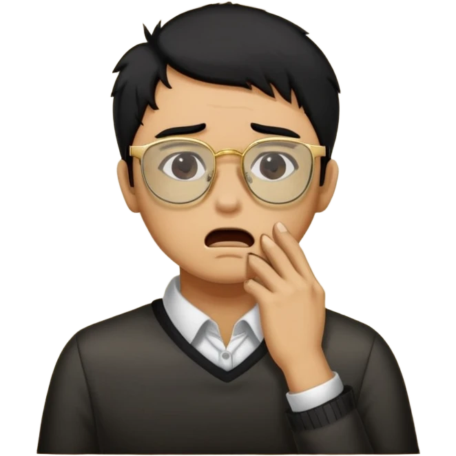 Make an apple choking emoji of a tan gender neutral person with black hair and gold frame glasses with their hand on their neck choking themselves  emoji