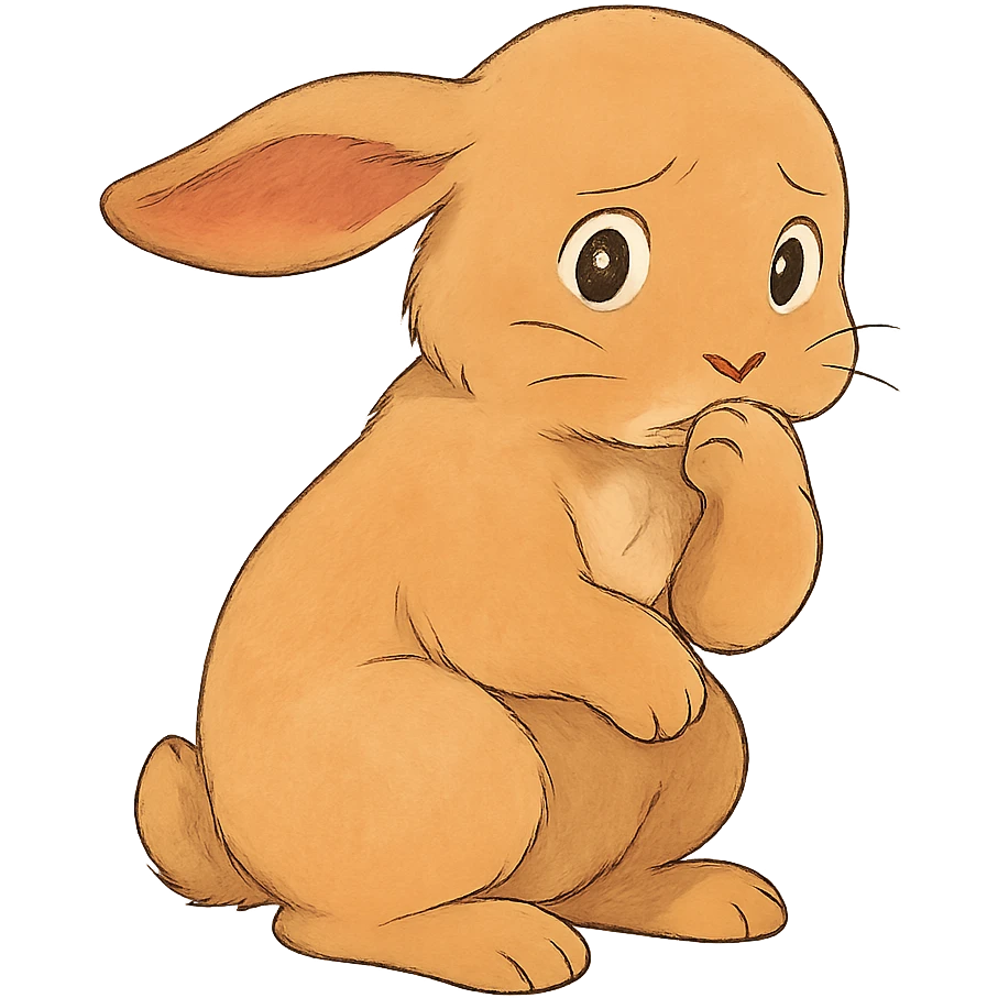 apricot bunny biting paw nervously, full body, soft Ghibli style emoji