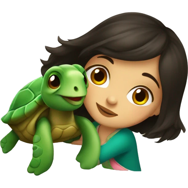 European girl with dark hair kiss little turtle emoji