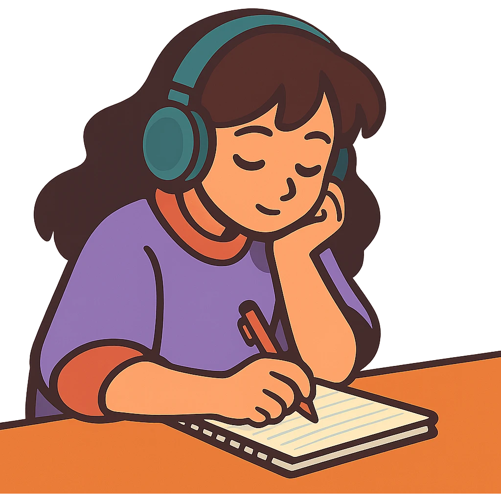 lofi animated girl writing in a notebook, soft colors, vibrant toon style emoji