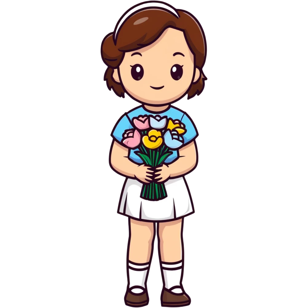 girl with brown hair wearing a white skirt holding a bouquet of flowers emoji