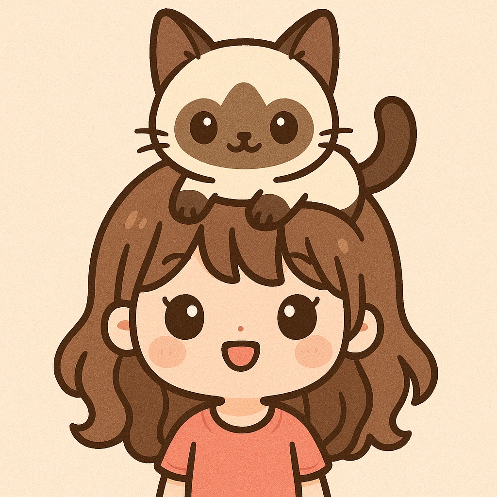 a cute girl with a siamese cat sitting on her head, kawaii style, cute and charming emoji