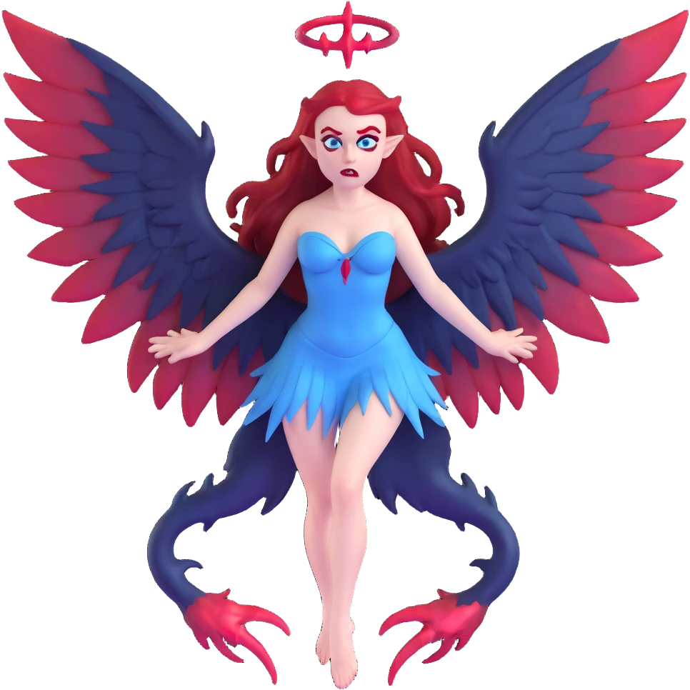extremely diabolical demon girl with enormous high reaching wings, blood red hair, sinister glowing blue eyes, dark hellish aura, no horns, fangs emoji