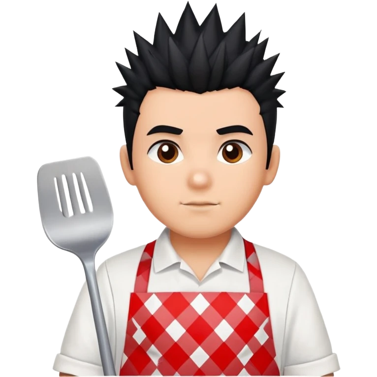 big boy with black spiky hair styled upward, wearing a white apron with red squares pattern emoji