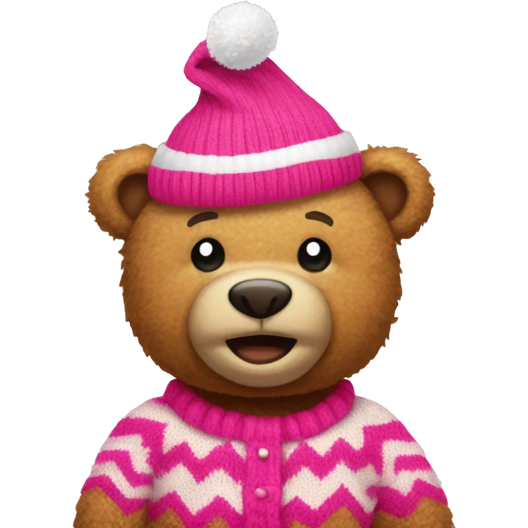 Teddy bear with a pink and white knitted zig zag sweater and a pink santa hat emoji