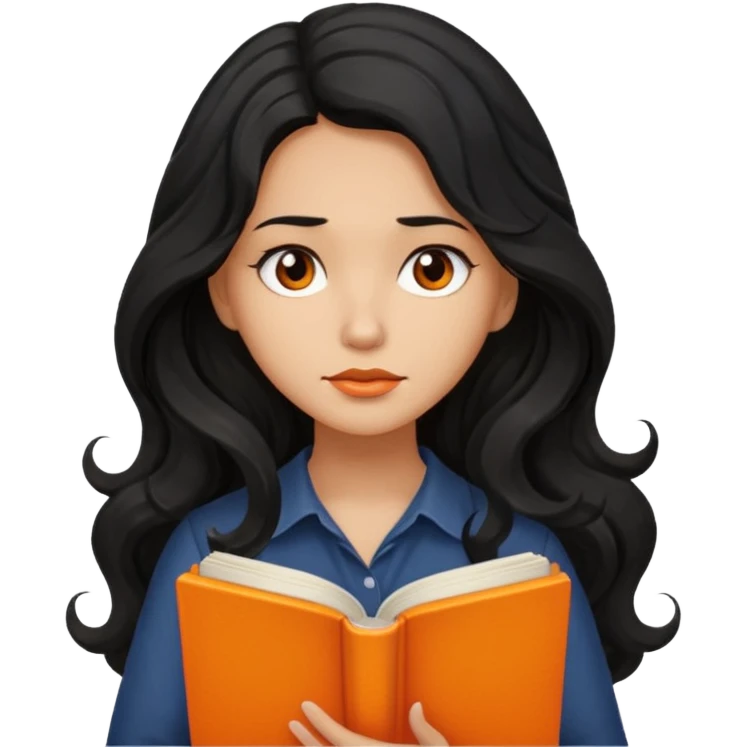 Long Hair Women with orrange Book, Black wavy hair, sad

 emoji