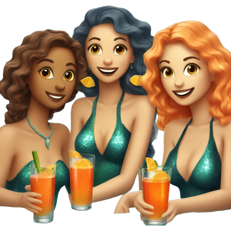 Three beautiful bright skin mermaids drinking aperol emoji