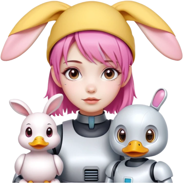 Make me a cute robot and a cute duck with a yellow hat beside a girl with pink hair white skin cute face bunny beg  emoji