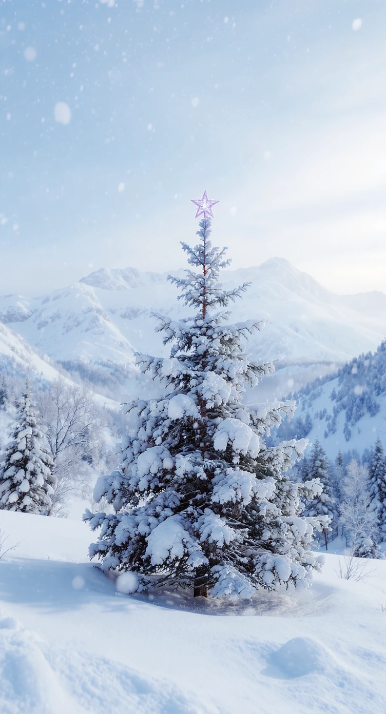 Cinematic still of a winter landcape, snowy,christmas tree in snow, in background we can see beautifull snowy landscape, soft light, symmetrical, day --no curtains emoji