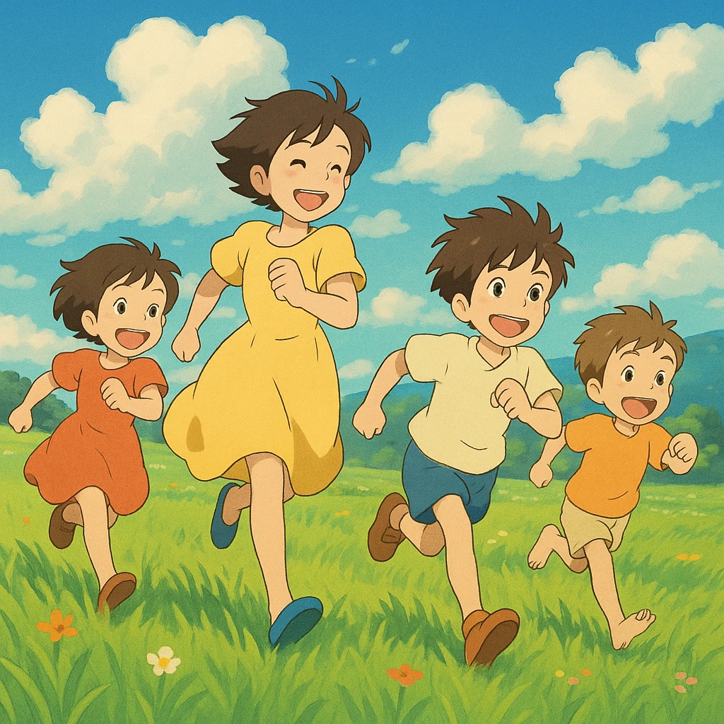 ghibli style kids running in a field emoji