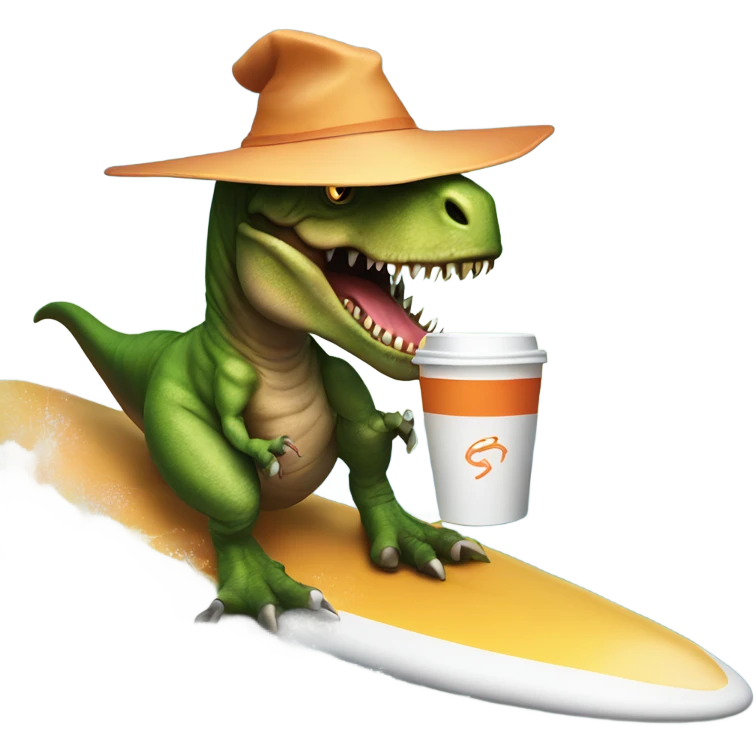 t-rex on a surf board wearing a witches hat holding a coffee emoji