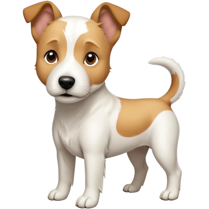 a full body facing front on of a buff white parson russell terrier looking dog the size of a kelpie with light brown long ears resting on its face and a light brown patch on one eye and a large snout. the rest of the dog is completely white.  emoji