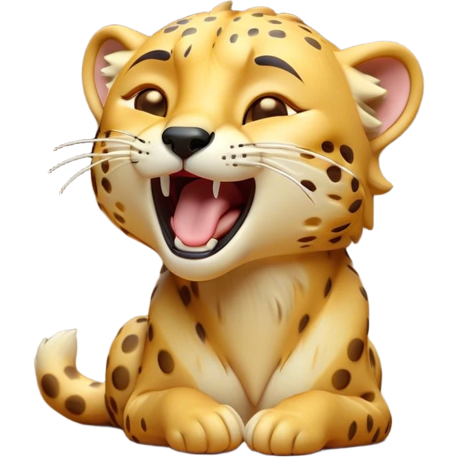 Cinematic Cute Yawning Cheetah Portrait Emoji, Head tilted slightly with a dramatic, wide-open yawn, showcasing a soft, sleek golden Fur with distinctive spots and floppy ears slightly drooping, round amber eyes barely open in drowsy contentment, Simplified yet irresistibly adorable features, highly detailed, glowing with a soft, cozy glow, high shine, relaxed yet expressive, stylized with a touch of savannah whimsy, bright and endearing, soft glowing outline, capturing the essence of a sleepy yet affectionate cheetah, so drowsy it feels like it could stretch right out of the screen and curl up for a nap! emoji