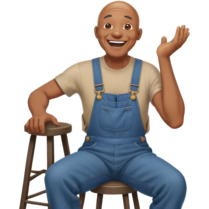 Side view Laughing hitelling storystarically Old bald black man sitting on stool wearing overalls emoji