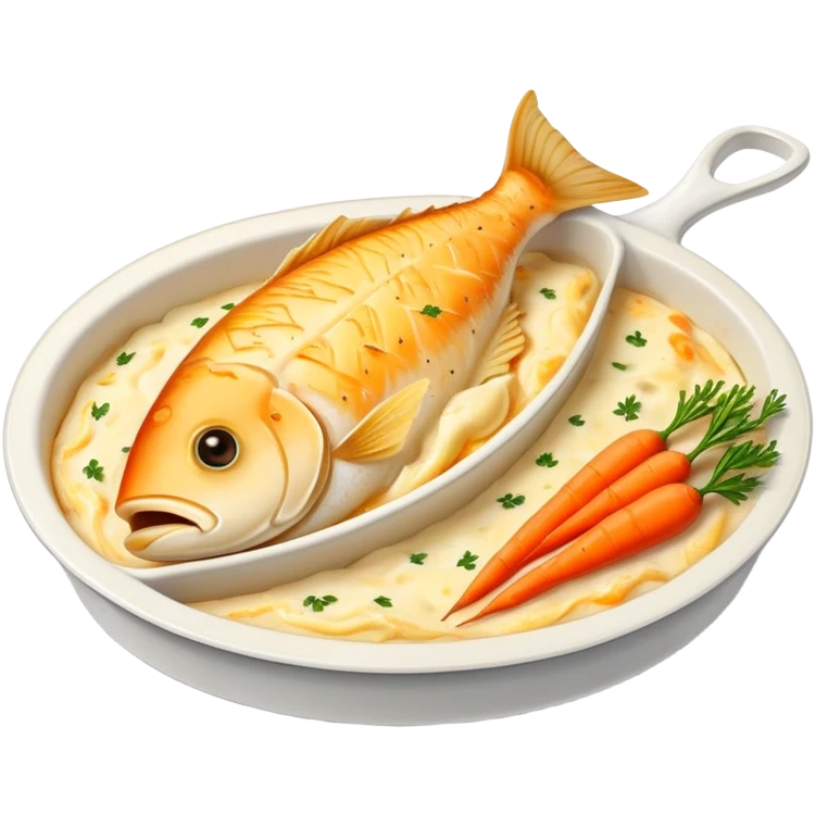 Fish gratin and carrot beside emoji