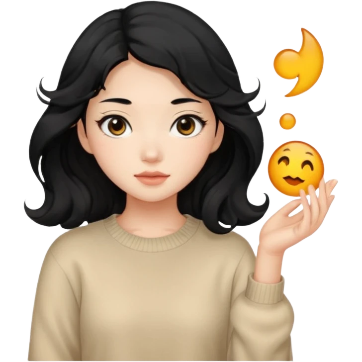 Beautiful girl,Black hair, wavy long hair,Black eyes,Chinese, beige sweater  emoji