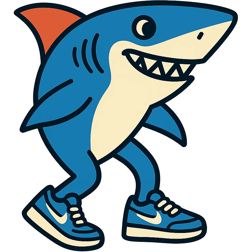 2-legged shark, sideways, smiling, wearing blue Nike sneakers emoji