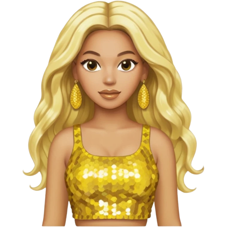 Beyonce with long platinum blonde hair, yellow sequin crop top yellow sequin skirt, gold earring emoji