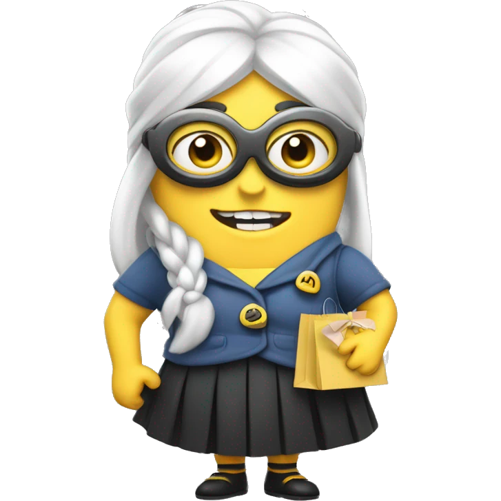 Despicable 4 character mega minion with a white hair bow and skirt, eyelashes, and shopping bags emoji