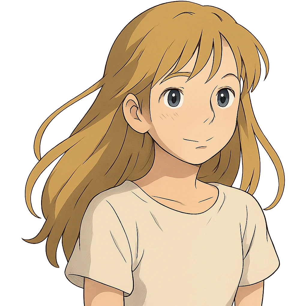 girl with long dirty blond hair, blue eyes, wearing a white top in ghibli style emoji