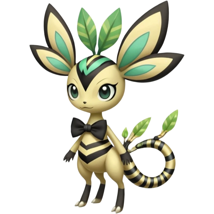 zig-zag-patterned tribal tropical hot spotted striped Meloetta-Celebi-Giratina-Noibat-Pokémon-Fakémon-fusion-hybrid-creature with a bow tie, bracelets, collars, necklaces  emoji