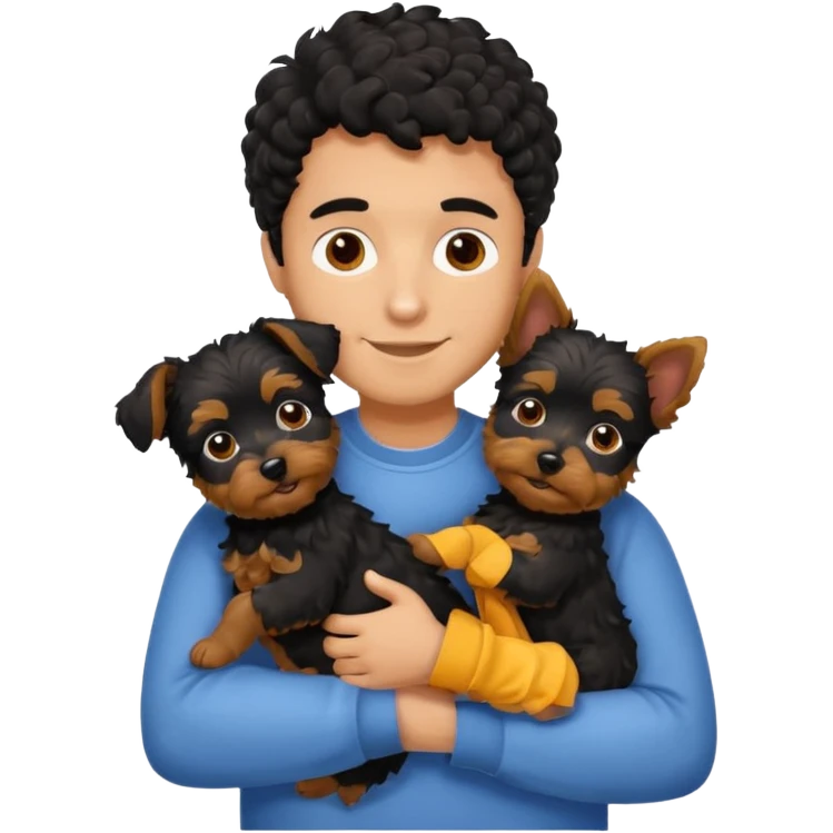Young man with little brown skin, black curly hair, cheerful dark brown eyes, hugging two yorkie terrier  emoji