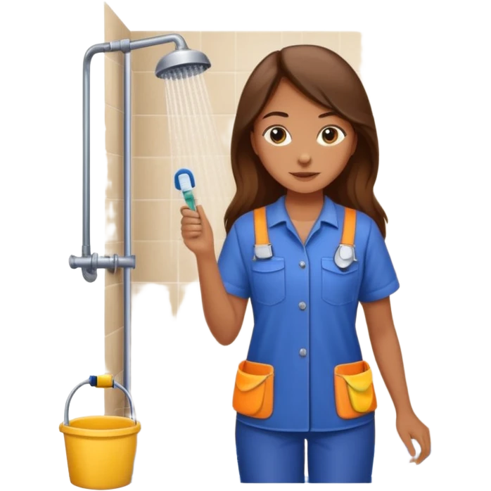 beautiful girl with long brown hair constructing new bathroom area with new shower and amenities  emoji