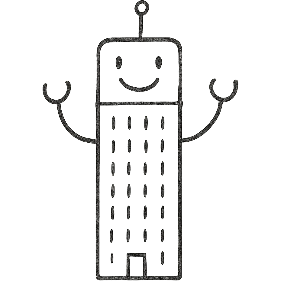 a smiling robot with a skyscraper body emoji