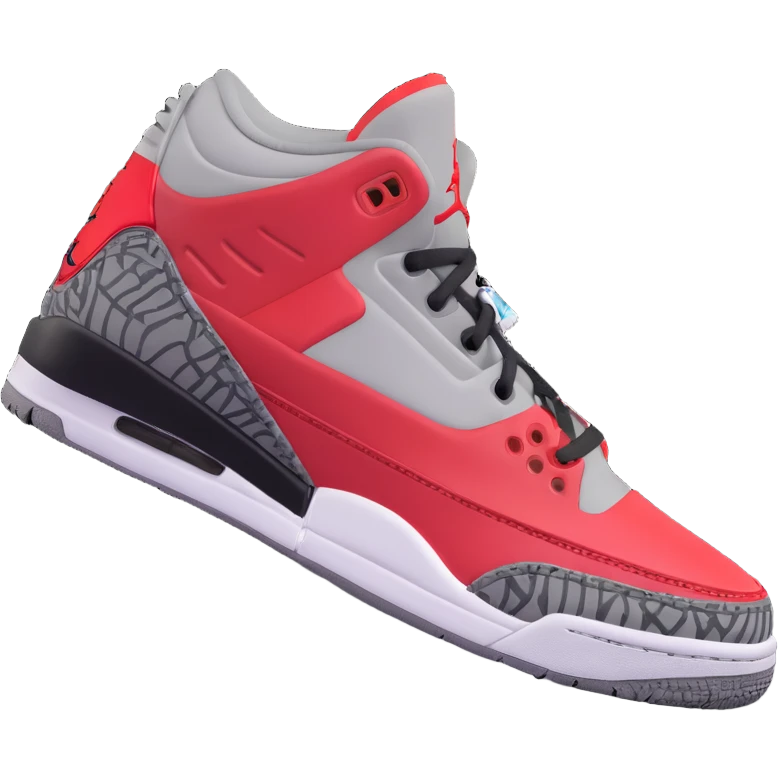 3D Emoji style cartoon sneaker based on DJ Khaled Grateful Air Jordan 3, University Red, Black, Cement Grey, with arms and legs, cheerful vibe emoji