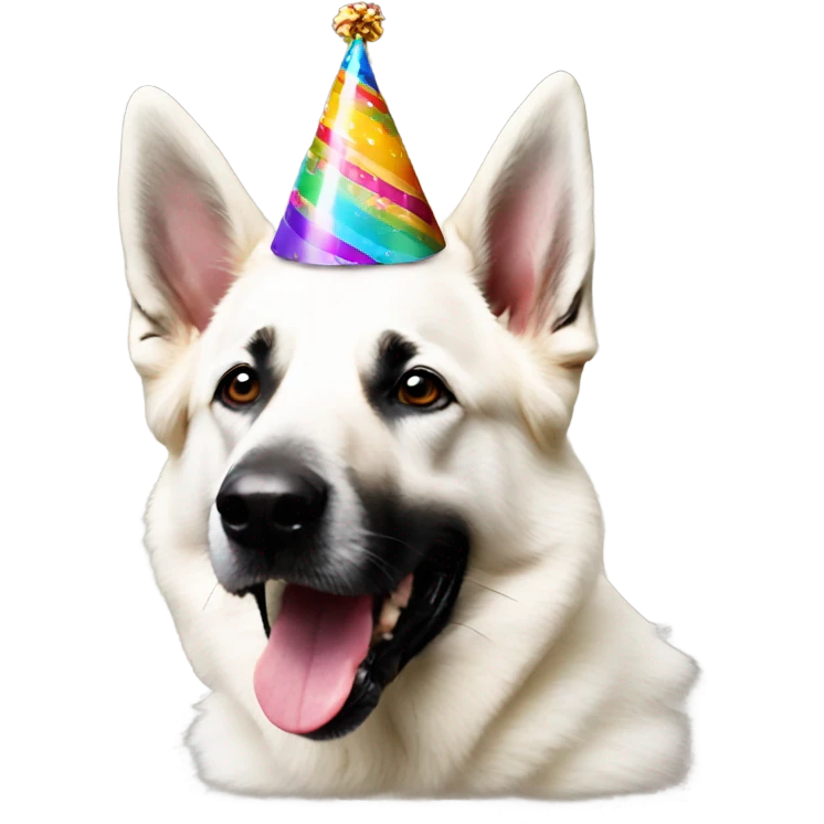 White German shepherd wearing birthday hat emoji