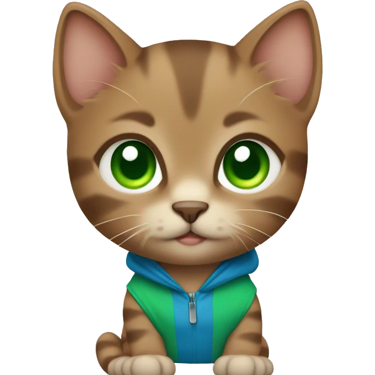 Small brown kitten with green eyes and blue clothes  emoji