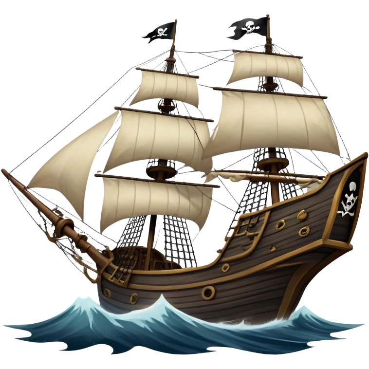 An icon representing an adventure game, inspired by high-seas exploration. The design features a fearless pirate gripping the wheel of a grand sailing ship, its tattered Jolly Roger flag billowing as it cuts through stormy waters. The scene evokes danger, treasure, and the thrill of the open sea. Transparent background. emoji
