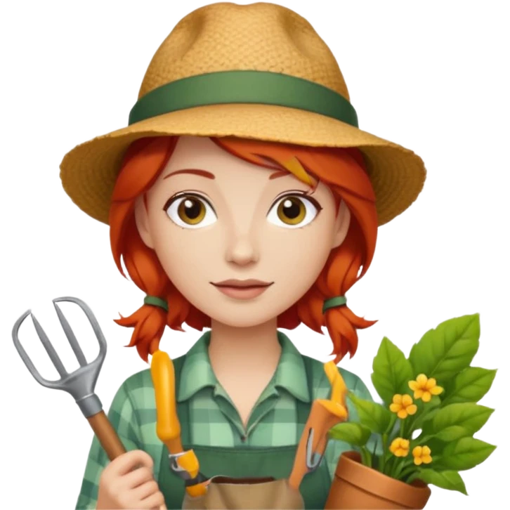 red hair gardener holding gardening tools, with hat emoji
