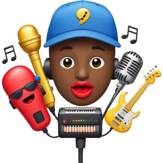 Create a vibrant and creative emoji that represents beatboxing. The design should feature a microphone with a cap placed on top, with oversized lips peeking out from under the cap. From the lips, bass clefs should be flying out, along with a variety of musical instruments (like a drum, electric guitar, and piano keys) to symbolize the blend of rhythm and creativity in beatboxing. Use bold, energetic colors like neon red, yellow, and blue to capture the lively and street-savvy essence of beatboxing. The background should be transparent. emoji