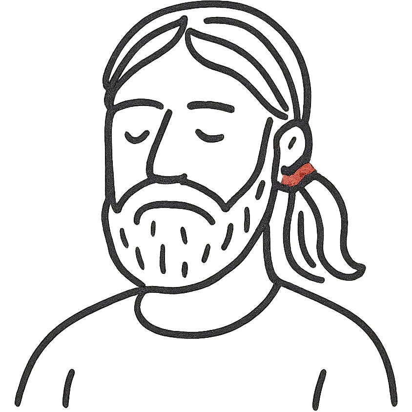 A man with a beard, long hair and a red thread emoji