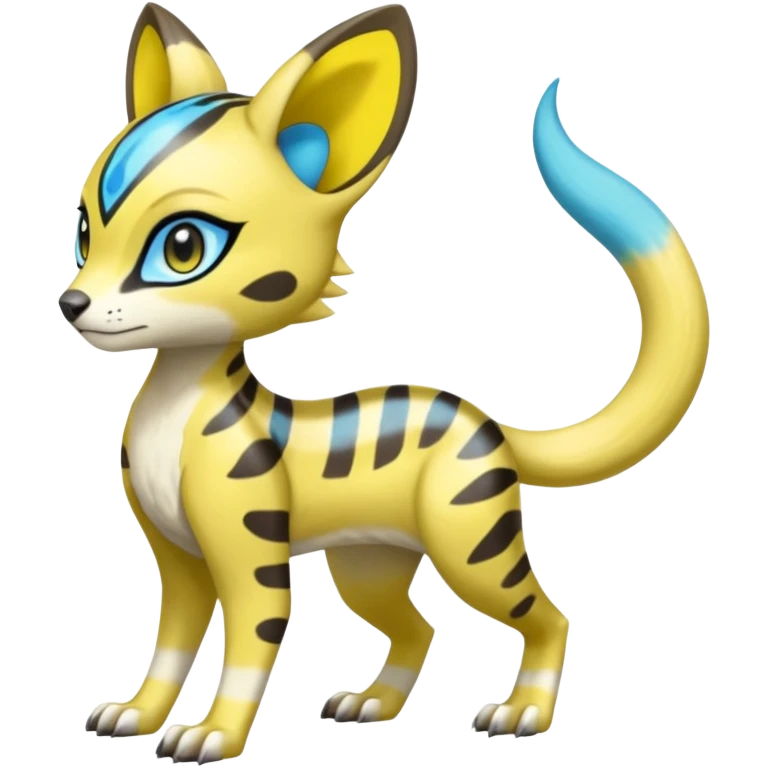 Colorful Yellow Meloetta-Sergal-Genet-Pokémon-Digimon-Fakémon-fusion-hybrid-creature with Cyan stripes and blue leopard-spot-markings  emoji