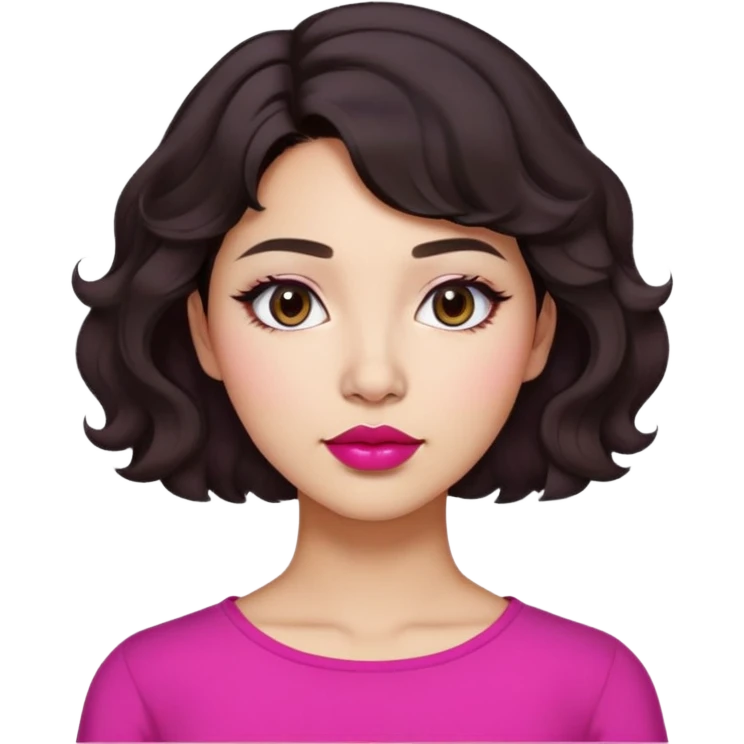 Latina woman, short wavy hair, dark brown, mid-neck, round nose, dark pink lips, Pinterest aesthetic, Korean-inspired emoji