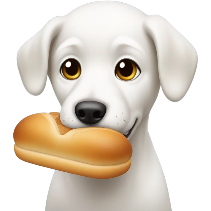 white dog carrying a little rounded bread emoji