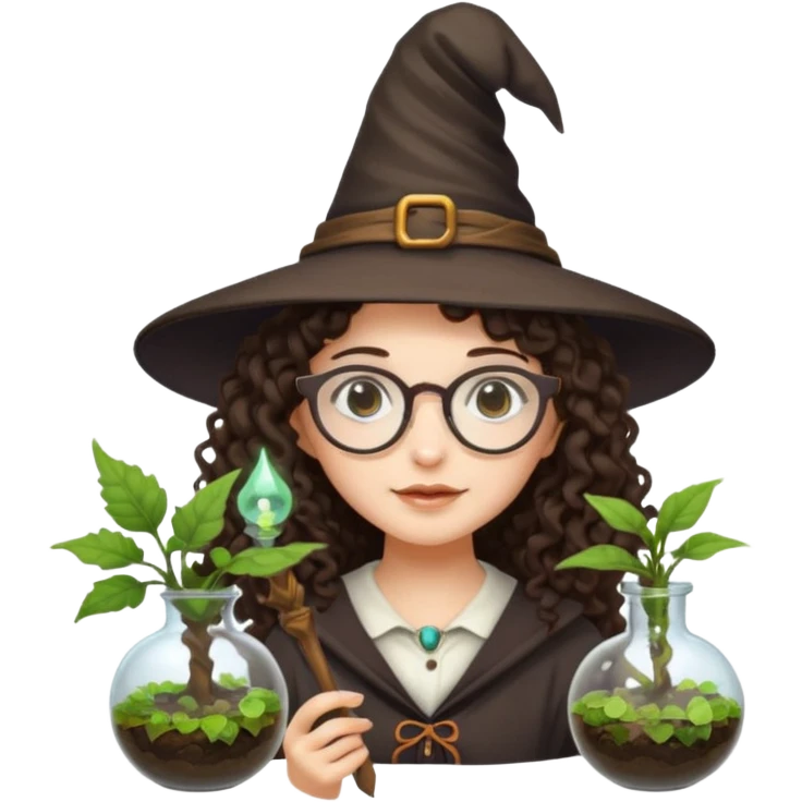 A long curly haired brunette girl with a witch hat, round white glasses, and a plant wand or plant potion terrarium emoji