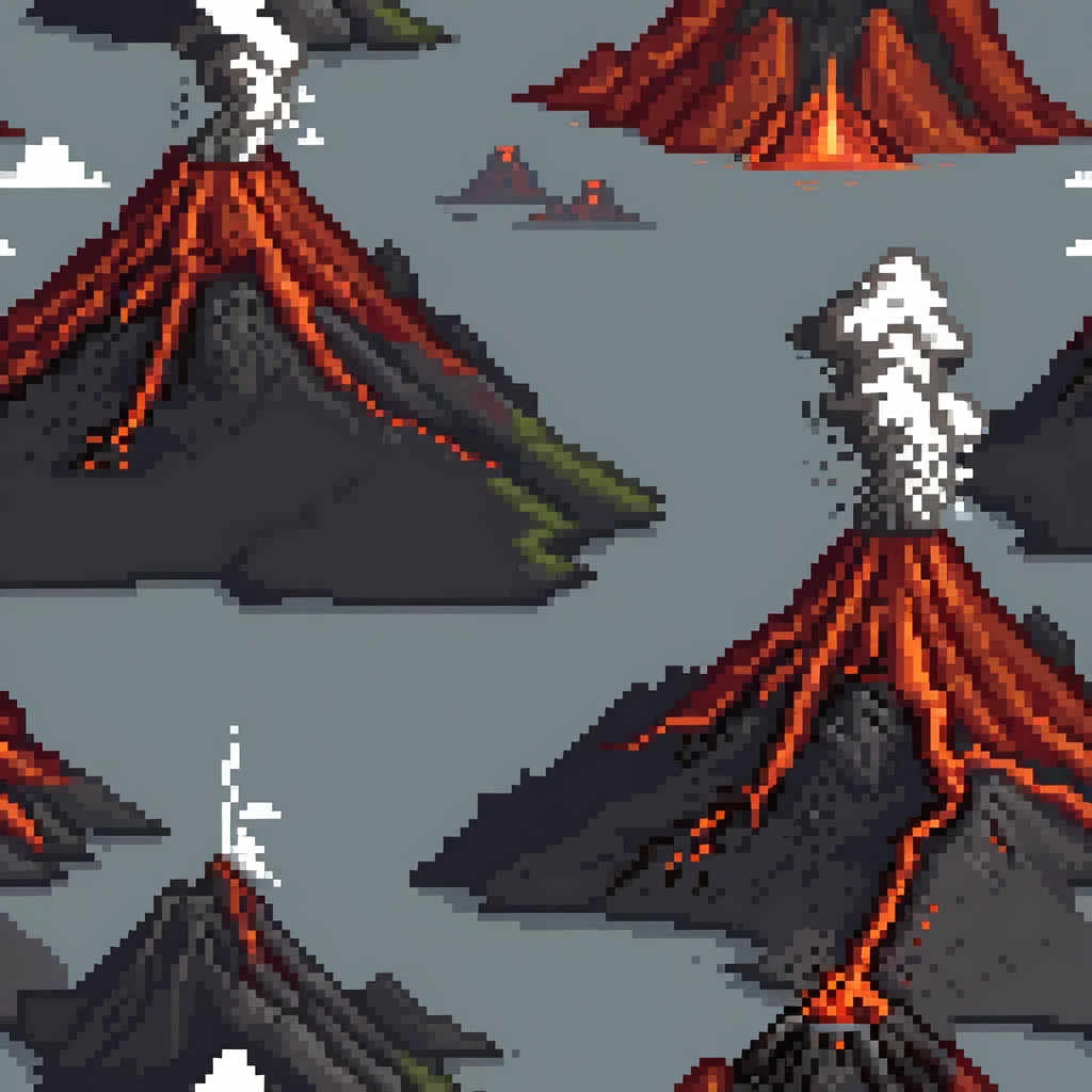 Volcanic landscape with erupting volcano, lava flows, and smoke clouds emoji