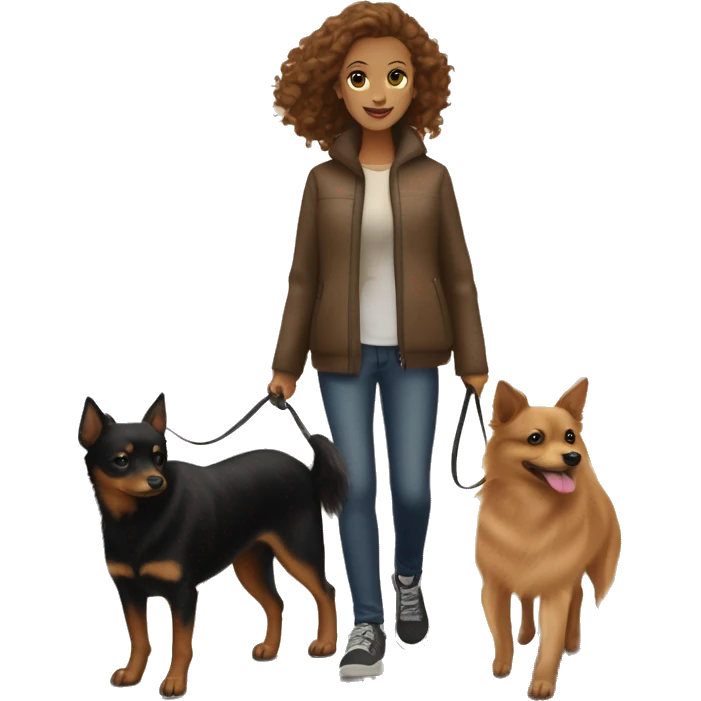 A light brown haired girl, walking one mini black and tan miniature Pinscher and one very big, fluffy & light brown Spitz on the lead emoji